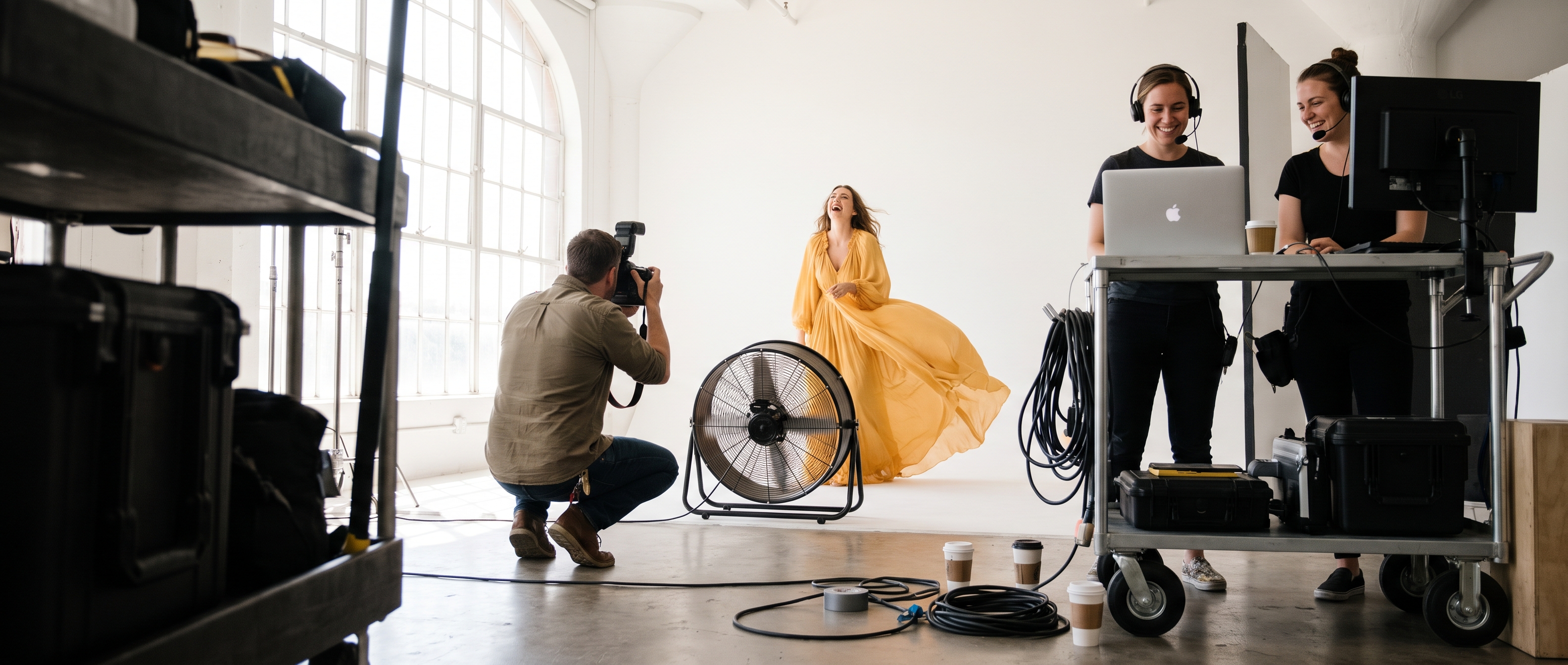A bright studio mid-shoot: a woman in a yellow dress laughing as a fan lifts the fabric, crew smiling behind the camera