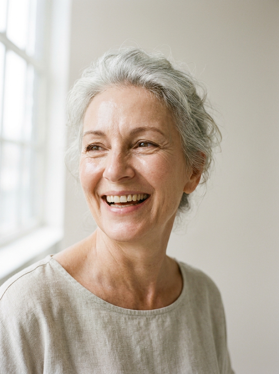 Beauty portrait of a silver-haired woman mid-laugh, every laugh line kept
