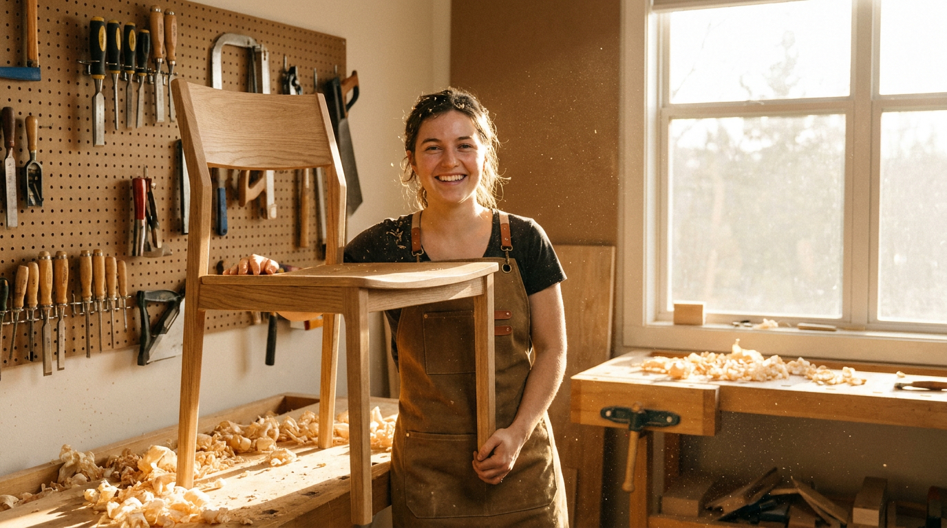 A young furniture maker presenting a finished oak chair in her sunlit workshop