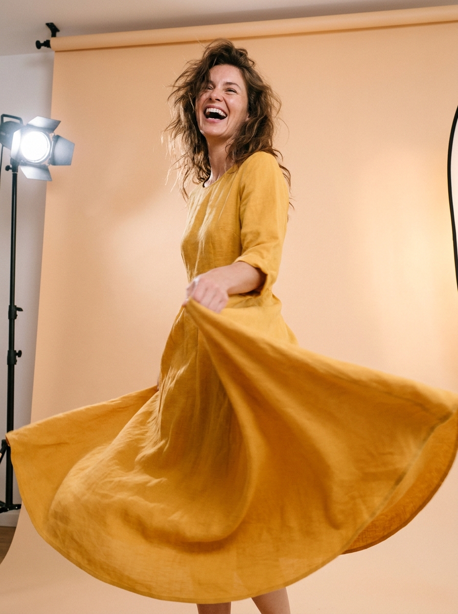 A model mid-twirl in a saffron-yellow dress against a peach backdrop, laughing