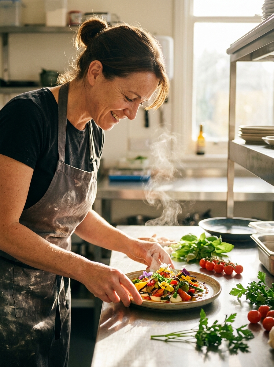 A chef plating a colourful dish in bright window light, steam rising, proud grin