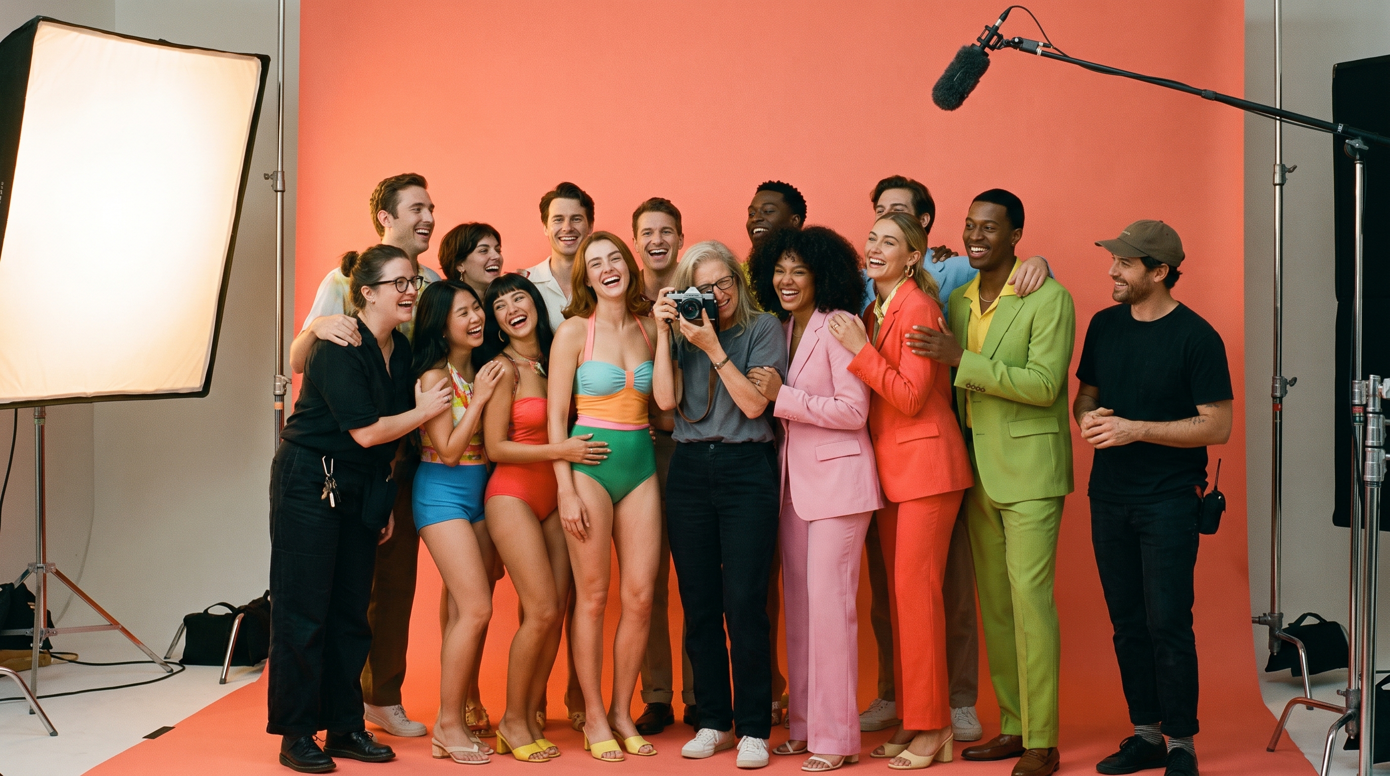 Cast and crew of a shoot laughing together on a coral backdrop for a group photo