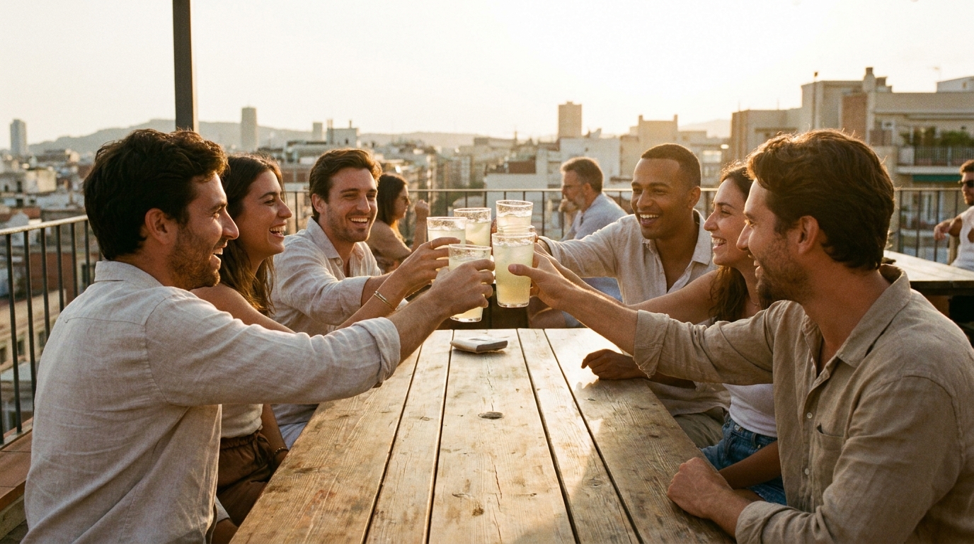 Friends toasting with sparkling lemonade on a rooftop in golden evening light